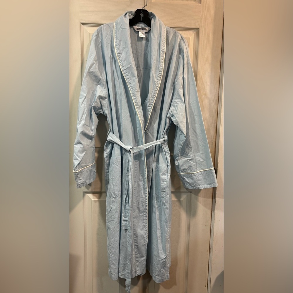 Vermont Country Store Classic Shawl Collar Long Robe 100% Cotton Light Blue XL